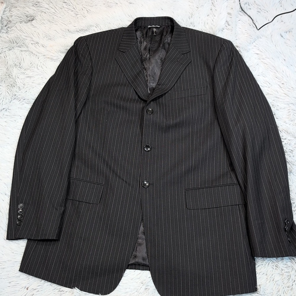 Manzini Jacket Mens 42 R Black‎ Wool Suit Coat Pinstripe Pockets Italy Super 140
